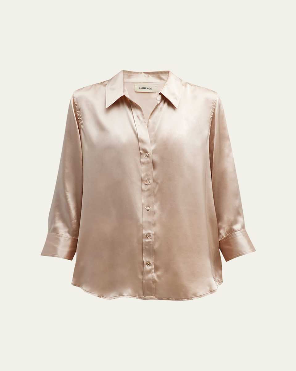 Dani Silk Satin 3/4-Sleeve Button-Down Blous